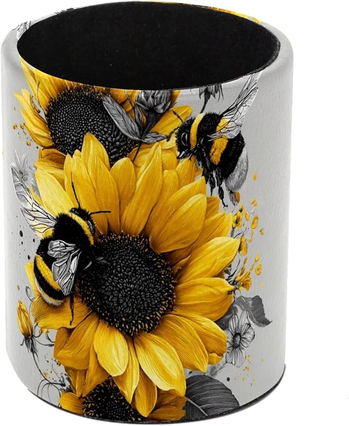 Faux Leather Pen Holder for Desk, Pencil Organizer Bee and Sunflowers Pen Cup Desk Decor Makeup Brush Holder Storage for Office Home