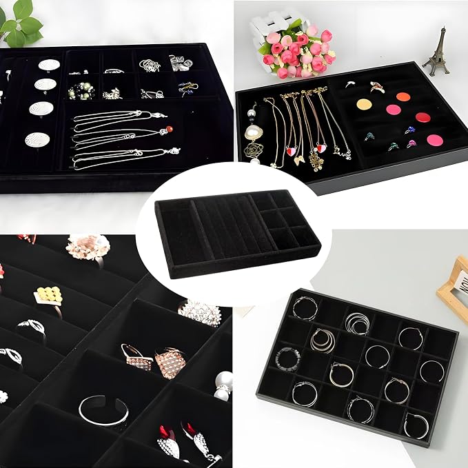 Velvet Jewelry Organizer Trays Black Stackable Jewelry Storage Display Tray with Removable Dividers, 3-in-1