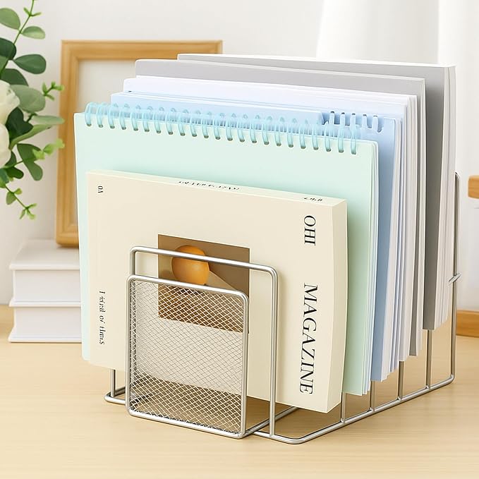 2 Pcs 7 Section Wire File Organizer for Desk, Metal Mesh Incline File Holder, Letter & Magazine Folder Rack, Desktop Paper Sorter for Home Office Back to School (Silver)