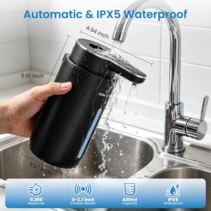 Automatic Foaming Soap Dispenser Touchless, 15oz/420ml USB-C Rechargeable Hand Soap Dispenser, 6-Level Adjustable Foam, IPX5 Waterproof, Wall Mount or Countertop for Bathroom Kitchen, Black