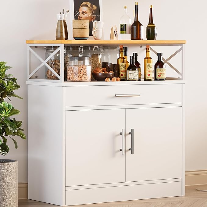 Meilocar Buffet Cabinet Kitchen Sideboard with Storage and Drawer, Farmhouse Storage Cabinet for Living Room, Dining Room, Hallway, White & Yellow Top