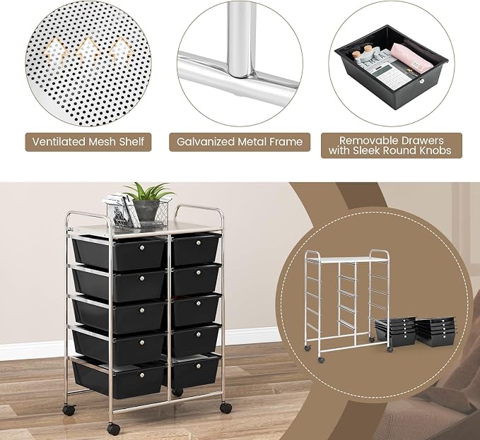 RELAX4LIFE Rolling Storage Cart with 10 Drawers - Craft Storage Cart with Lockable Wheels,Utility Cart, Art Cart Organizer for Crafting Storage, Studio, Office, Home, School Rolling Drawer Cart