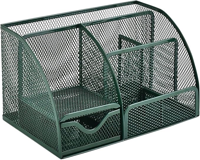 VANRA Office Supply Caddy Metal Mesh Desktop Supplies Organizer School Supply Holder Stuff Storage Organizer 6 Compartments with Drawer (Olive Green)