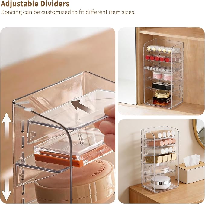 PAVSTINE 3-Pack Medicine Cabinet Organizer, Clear Open Storage Compartment with Adjustable Dividers, for Lip Oil/Lip Pencil/Eye Shadow Palette/Foundation Storage