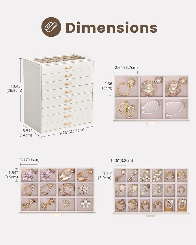 Lolalet Earring Organizer, Jewelry Box with Clear Lid -Beige, 8 Layer | PU Leather, Velvet, Removable Dividers, Dustproof, Easy Clean, For Studs Rings, Gift for Women Girls, Home Aesthetic Decor