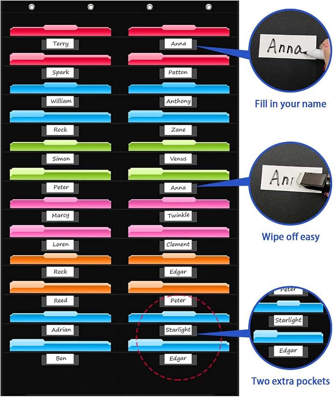 REGELETO 24 Pockets File Storage Pocket Chart with 24 Nametag Pockets, Hanging Wall File Organizer for Classroom and Office, Organize Your Assignments, Files, Scrapbooks, Paper (Black-24 pockets)