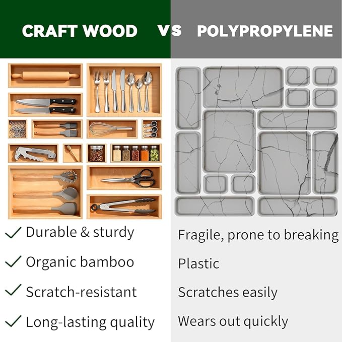 Bamboo Drawer Organizer 7 Pcs for Kitchen Multi-purpose Storage Dividers for Kitchen, Office, Jewelry, Cosmetics, Wooden Drawer Dividers for Drawer Organizer Desk Organizer Gift for Women Gifts Idea