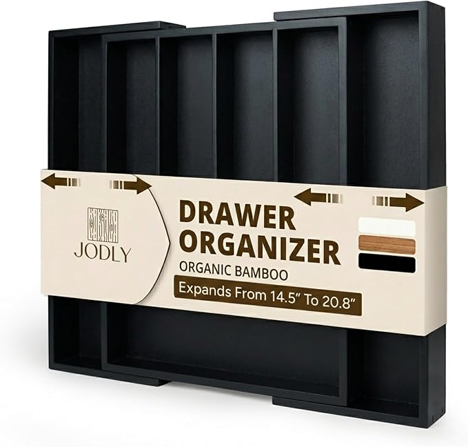 Bamboo Kitchen Utensil Drawer Organizer for Silverware | 100% Natural Expandable 14-20 Inch Kitchen Drawer Organizers for Utensils | Non-Slip Base | Screwed Joints for Long-Lasting Durability