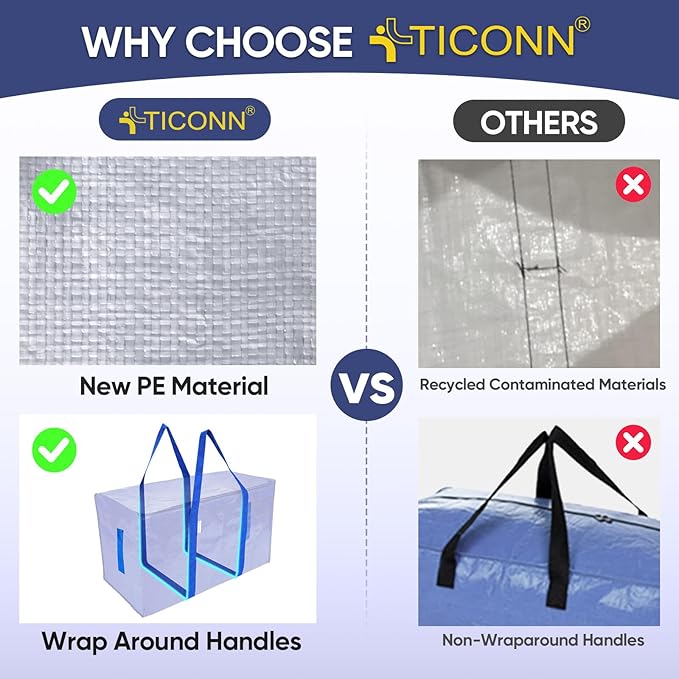 TICONN 12 Pack Extra Large Moving Bags Heavy Duty with Zippers & Carrying Handles, Durable Storage Bags Moving Boxes for Closet Organizers and Storage (12 Pack, Blue)