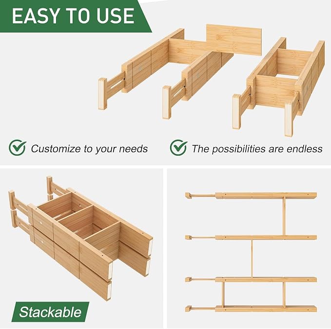 Kitchen Drawer Dividers 4-Pack – Bamboo Adjustable Expandable Drawer Organizer with Inserts, Spring Loaded Drawer Separators for Utensils, Silverware, Dressers & Bathroom Organization