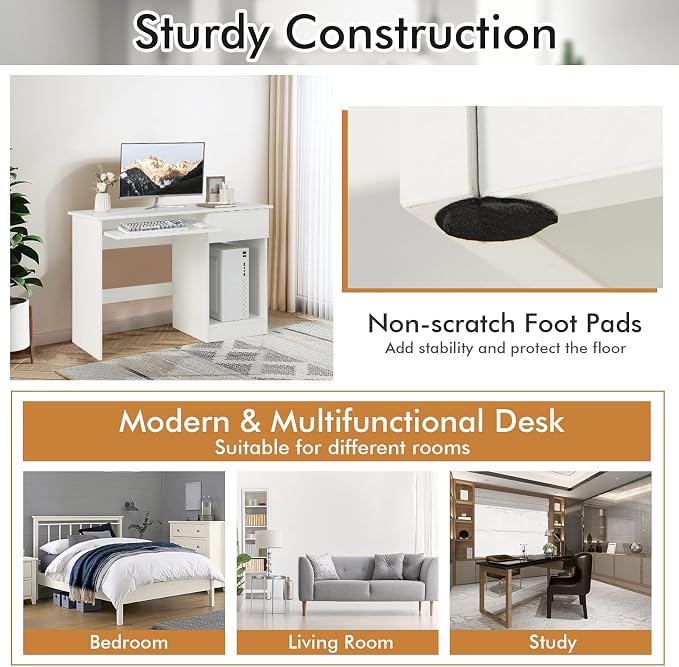 Tangkula White Desk with Drawer, Wooden Computer Desk with Pull-Out Keyboard Tray & Adjustable Storage Shelves, Modern Laptop PC Desk with CPU Stand, Writing Study Desk for Bedroom (White)