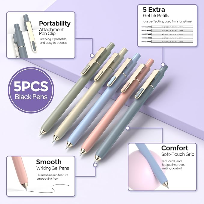 Nicpro 39 PCS Aesthetic School Supplies with Cute Purple Pencil Case, 12 Pastel Highlighters, 5 Quick Dry Black Ink Pens, 6 Mechanical Pencil 0.5 & 0.7mm for Girl Student Stationary College Essentials