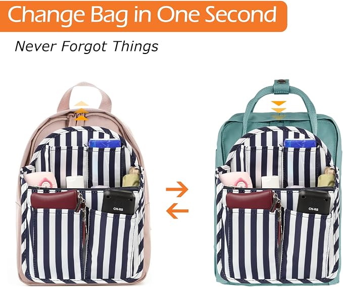 Surblue Backpack Organizer Insert Liner Hanging Travel Rucksack Purse and Handbag Insert Pocket, High-capacity Divider Foldable Nylon Shoulder Bag Organizer for Men and Women, (NavyStripes, M)
