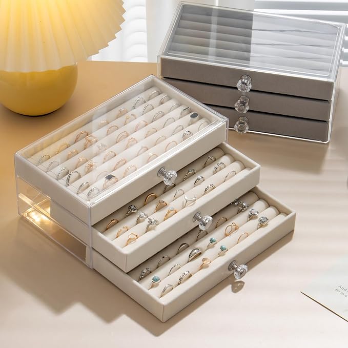 SPAKOWN Ring Box Display Holder, Clear Velvet Jewelry Storage Tray Organizer for Ring Stud Earring (Beige - 3 Drawers)