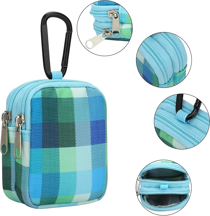 E-Tree Coin Purse with Carabiner Clip, Dual Layer Card Case Holder, Mini Pouch for AirPod Earphone Keychain USB Cable,Wallet, Small Accessories Organizer Bag for Women and Men (Blue Checkered)