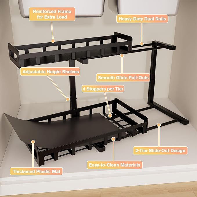 Under Sink Organizer 2 Pack, Metal Large Capacity 2-Tier Sliding Cabinet Storage Rack, Heavy-Duty Rust-Resistant Steel Frame, Holds 50 lbs Each, Adjustable Height 12–16", 14"D x 11"W for Home, Black