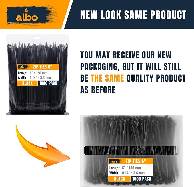 ALBO Zip Ties Black 6 Inch 1000 Pack 40 lb, Long Plastic Cable Ties Thick 0.14 Inch Tie Wraps Heavy Duty UV Resistant Nylon Wire Ties for Indoor and Outdoor