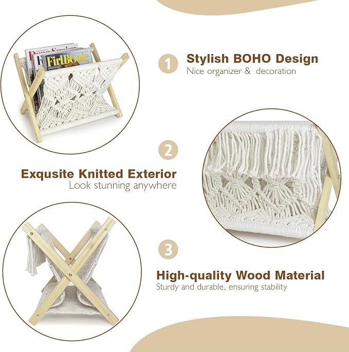 Boho Macrame Magazine Holder,Hand-Woven Magazine Rack for Home Office | Multifunctional Storage Basket for Letters, Magazines, Books and Newspapers