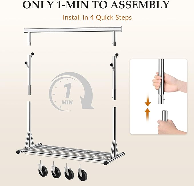 Gewudraw Clothes Rack Heavy Duty 630 LBS Capacity-Rolling Clothing Rack | Clothing Rack with Wheels,Shelf, Collapsible/Adjustable Height/Extendable, Portable Garment Rack For Wardrobe, Bedroom,Chrome