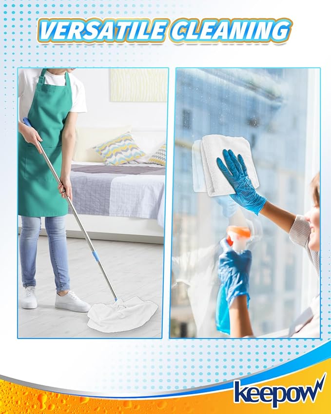 KEEPOW 4PCS Extra Large Microfiber Cleaning Clothes, 30"x20" for Squeegee Mop, Washable Reusable for Glass, Windows, Office & Car Cleaning, Highly Absorbent, Lint and Streak Free (White & Blue)