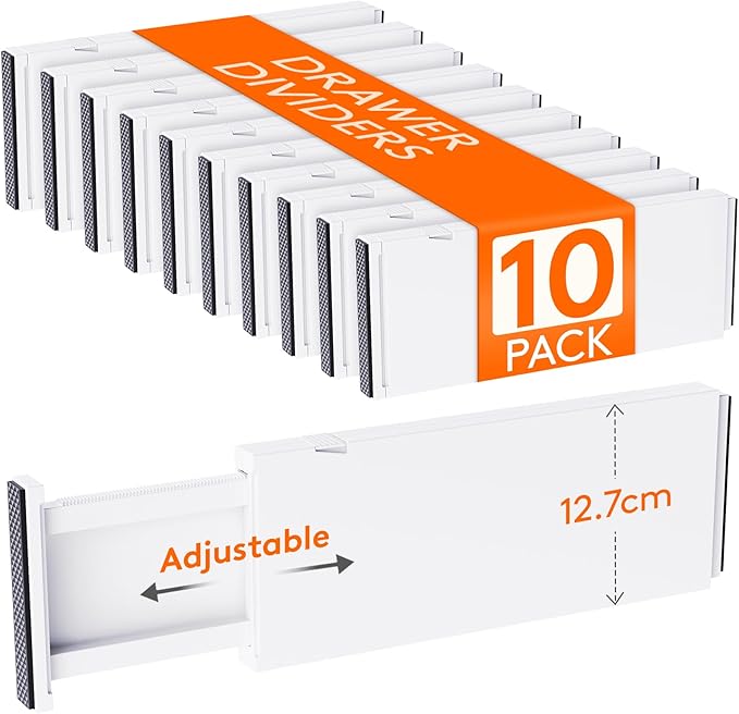Lifewit 10 Pack 5" High Drawer Dividers 34-56cm/13.5-22" Adjustable Drawer Organizer for Clothes/Utensils, Expandable Drawer Separator in Dresser/Kitchen/Bedroom/Office Organization & Storage White