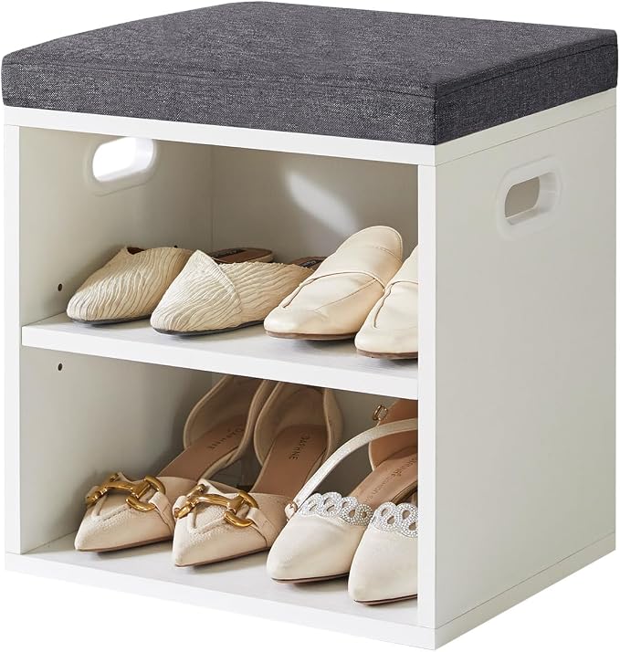 YMYNY Small Shoe Storage Bench with Cushion, White, HBD028W | 2 Tier Entryway Bench with Storage, Small Shoe Rack Bench with Adjustable Shelf for Entryway 11 x 15.3 x 16.5 Inches