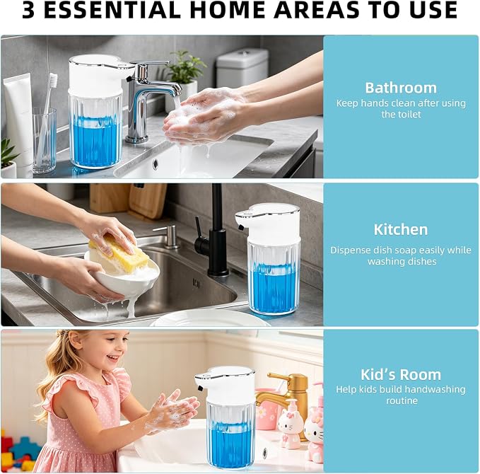 Automatic Liquid Soap Dispenser Touchless, 12oz Rechargeable Soap Dispenser with 4 Adjustable Levels, Auto Hand Soap Dispenser for Kitchen, Bathroom Countertop, Wall Mounted, IPX5 Waterproof