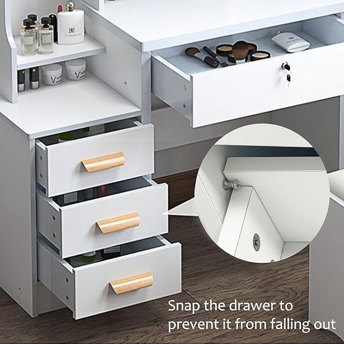 Makeup Vanity Desk with Mirror and Lights, Vanity Table Set with Storage Drawer & Chair & 3 Shelves, 3 Lighting Colors, Adjustable Brightness Small Makeup Vanity White