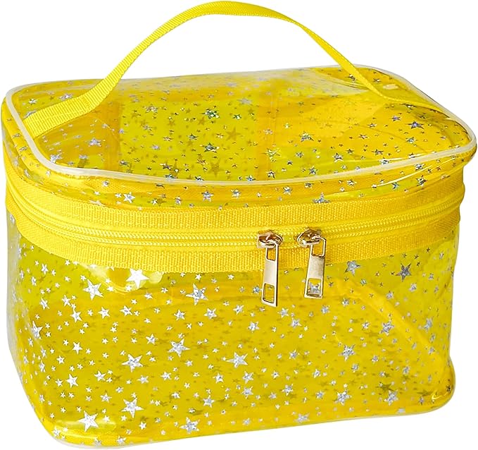 Star Print Yellow PVC Makeup Bag with Handle - 8.66 * 5.51 * 5.51 inch,Clear Storage Bag Toiletry Pocket Portable Zippered Pouch Waterproof Cosmetic Organizer Bags for Women (Yellow-L)