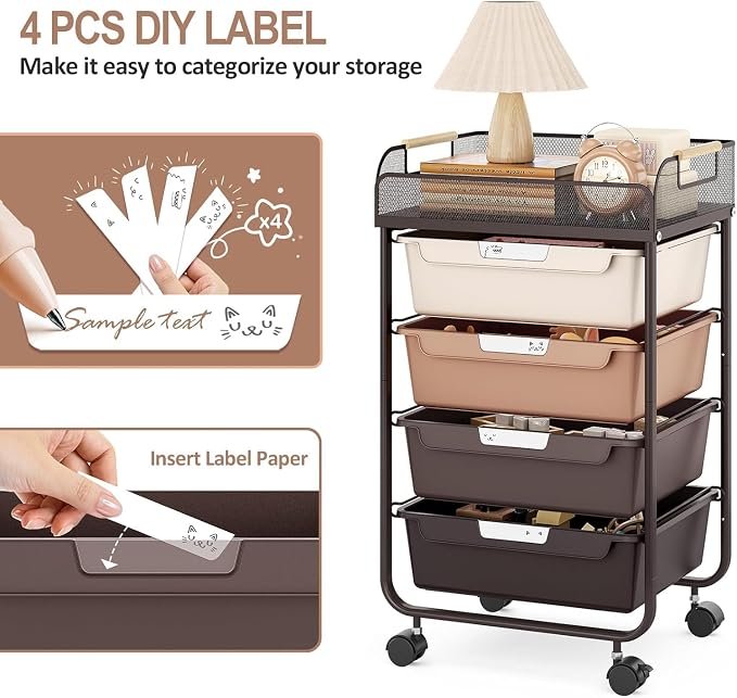 SYKIARIOL 4-Drawer Rolling Storage Cart with Mesh Top, Utility Craft Organizer Cart on Wheels with DIY Labels, Rolling Drawer Cart for Home Office Classroom Bedroom, Brown