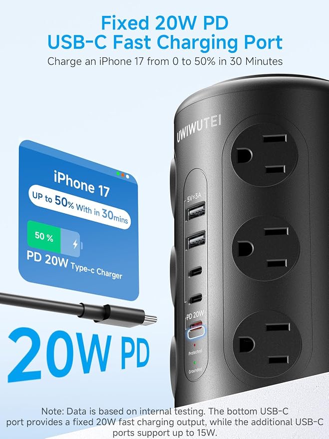 Tower Power Strip with 1 Dedicated PD 20W Fast-Charging Port, 12 Outlets, 5 USB Ports (3 USB-C), Desk Charging Station for Multiple Devices,10FT Extension Cord(Black)