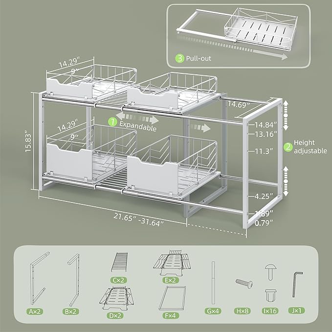 NETEL Pull Out Cabinet Organizer, Slide Out Drawers for Kitchen Cabinets, 2 Tier Expandable Pull Out Under Sink Organizers and Storage, 4 Pull-Out Metal Baskets, (21.5-31.64)" W X 14.69" D X 15.83" H