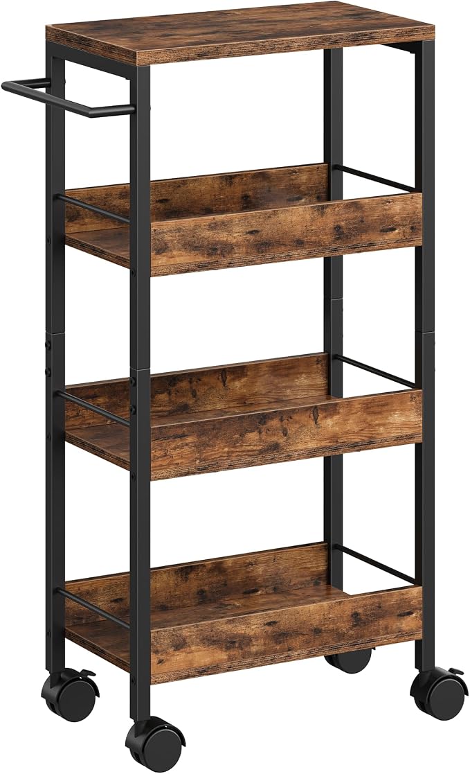 CHOEZON 4-Tier Slim Storage Cart, 9.1'' Kitchen Serving Trolley, Slim Rolling Cart with Handle and Guard Rails, Slim Cabinet for Small Spaces, for Dining Room, Rustic Brown and Black TTC03BF