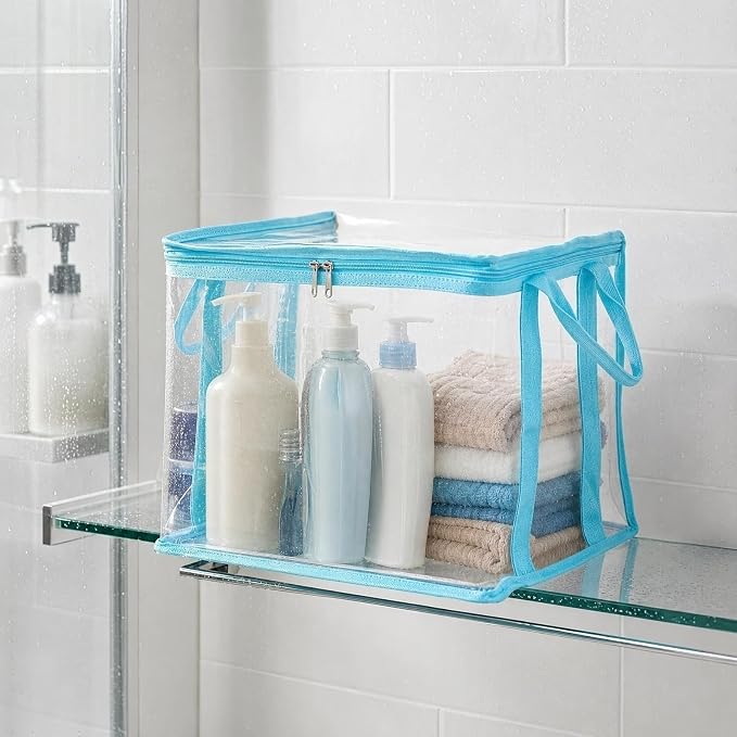 Large Clear Thick Plastic Storage Box with Hinged Lid, Heavy-Duty Durable High Capacity Organizer, Foldable Storage Box,Perfect for Home, Camping, Travel, Attic & Moving (Blue-L-1)