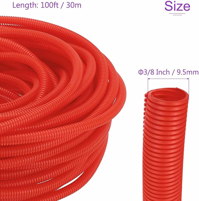 DMiotech 100ft Wire Loom Split Tubing 3/8 Inch(9.5mm) ID, Cord Protectors from Pet Flexible Conduit Cable Management for Office Home Garden, Red