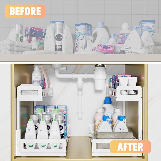 Under Sink Organizer, Metal Large Capacity 2-Tier Sliding Cabinet Storage Rack, Heavy-Duty Rust-Resistant Steel Frame, Holds 50 lbs, Adjustable Height 12–16", 14"D x 11"W for Kitchen & Bathroom, White