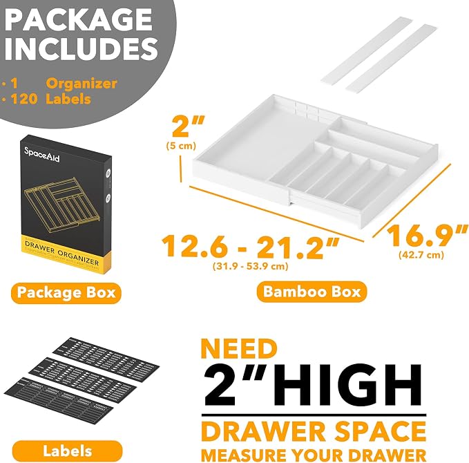SpaceAid Bamboo Silverware Drawer Organizer with Labels, Kitchen Utensil Expandable Tray Holder Organizer for Flatware, Cutlery, Spoon and Knives Drawer Storage Organization (White, 10 Slots)