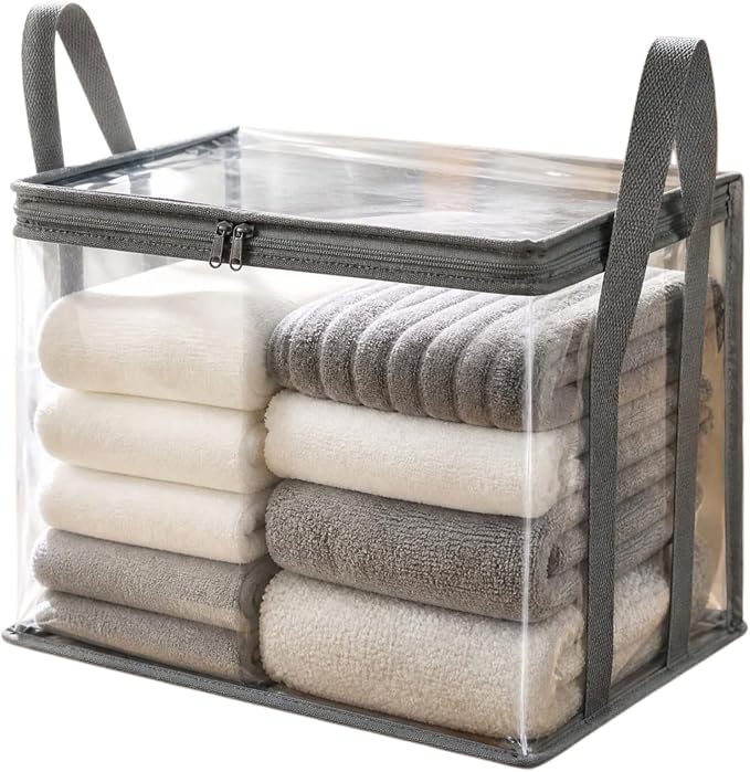 Large Clear Thick Plastic Storage Box with Hinged Lid, Heavy-Duty Durable High Capacity Organizer, Foldable Storage Box,Perfect for Home, Camping, Travel, Attic & Moving (Gray-L-1)