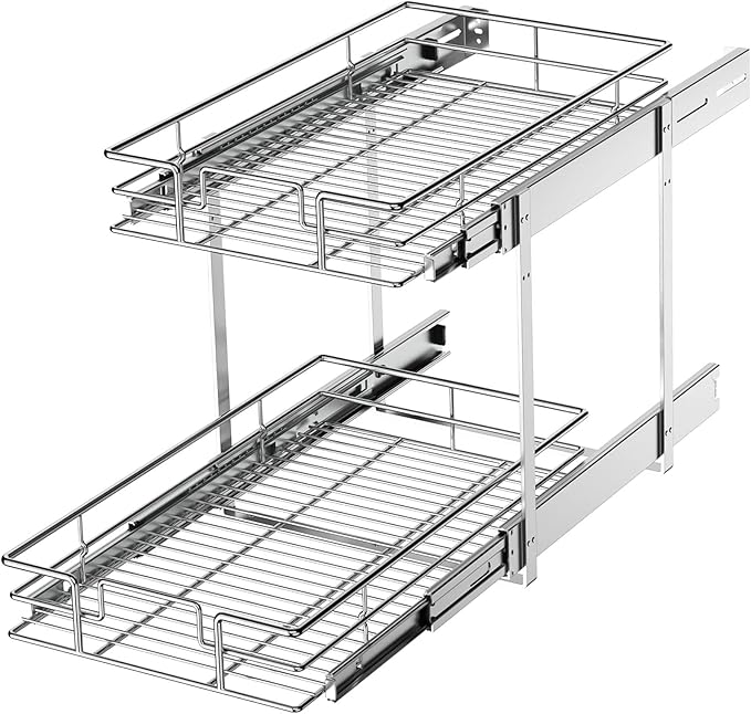 LOVMOR 2 Tier Individual Pull Out Cabinet Organizer 10½" W x 21½" D, Slide Out Kitchen Cabinet Storage Sliding Shelves