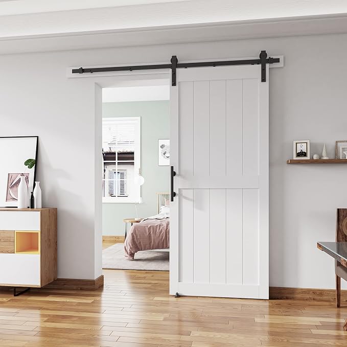 34''x84'' Sliding Barn Door with 6 Ft Barn Door Hardware Kit | Pre-Drilled Holes Easy Assembly - Include Installation Manual, Water-Proof PVC Surface, H-Frame, White