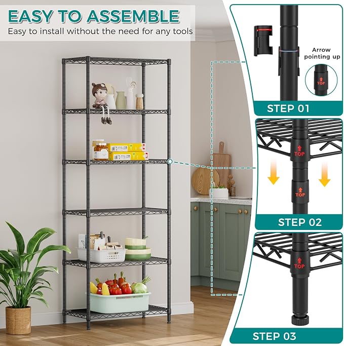 SINGAYE 6 Metal Shelves Wire Shelving Storage Shelf Adjustable Unit Pantry | 6 Tier Kitchen Laundry Room Organization Home Pantry Closet Bathroom Organizers Garage Rack 14" D x 24" W x 72" H Black
