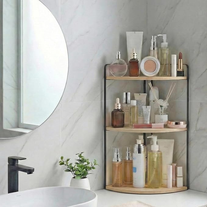 3 Tier Corner Bathroom Counter Organizer, Countertop Organizer, Makeup Organizer Countertop, Bathroom Storage Sink Shelf, Wooden and Metal Counter Shelf (Large Capacity-Rustic Walnut)