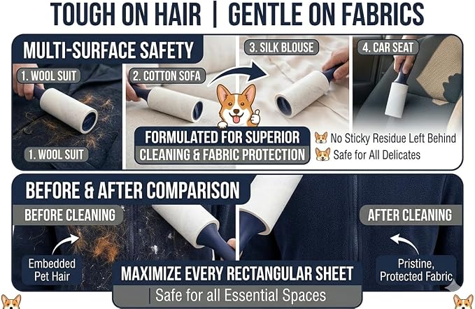 Extra Sticky Lint Roller, 6-Pack 600 Sheets, Pet Hair | Extra Sticky | Cat & Dog Hair | Straight-Cut Sheets | Navy Ergonomic Handles | Clothes | Car Seats | 6 Complete Rollers