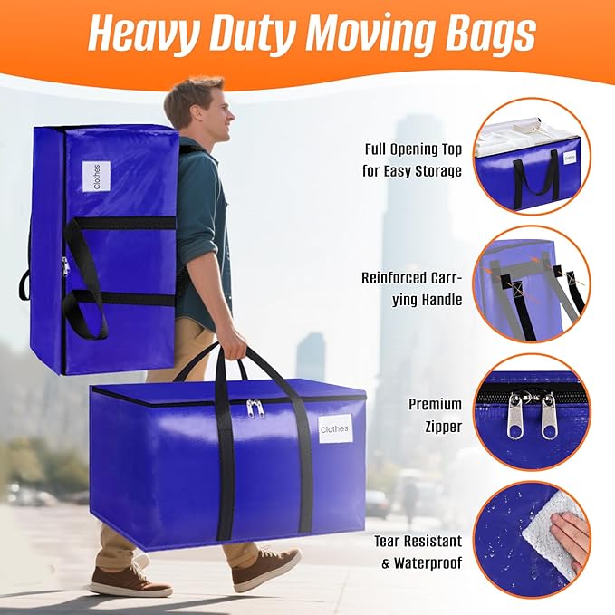 FabSpace 6-Pack Moving Bags with Backpack Straps & Carry Handles, 20 Gallons-76 L Heavy Duty Storage Totes for Space Saving, Foldable Storage Bags for College Dorm, Travel, Camping (Blue)