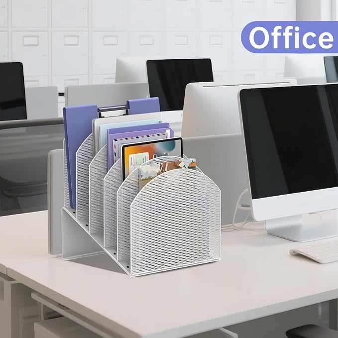 File Organizer for Desk, 5-Section Mesh Mail Holder, White | Mesh file organizer for desk, mail organizer and folder holder for A4/letter papers, notebooks, binders and office supplies