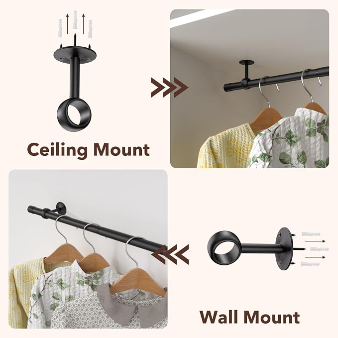 SUTINE Closet Rod, Closet Rods for Hanging Clothes, 17 to 52 inch Adjustable Ceiling/Wall mounted Closet Hanging Rod, Heavy Duty Clothes Rod Clothing Bar, Closet Poles for Hanging Clothes for Wardrobe