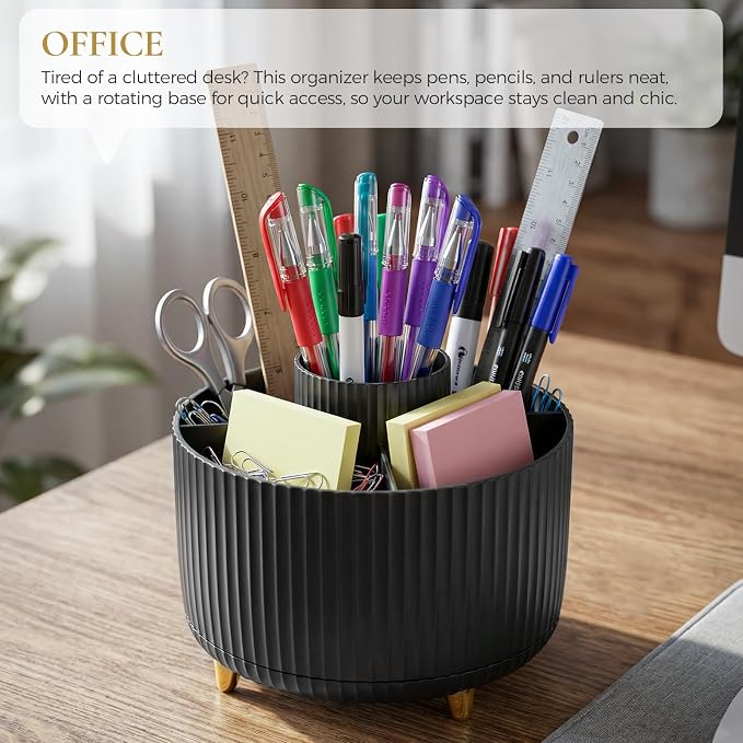 KONVINIT Pencil Pen Holder for Desk, 5 Slots 360 - Degree Rotating Desktop Organizer, Cute Desk Organizers and Accessories for School, Home, Office and Art Supply, Black