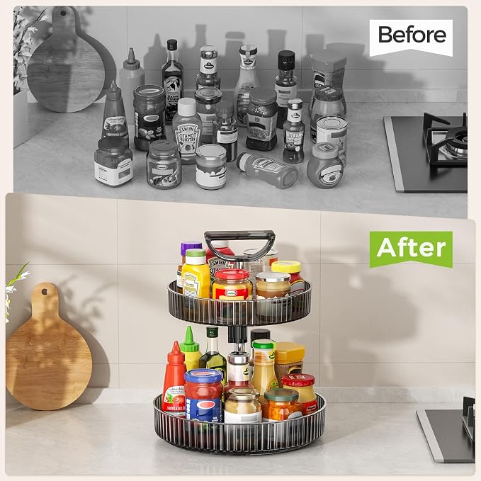2-Tier Rotating Organizer with Handle – Adjustable Shelf, 360° Lazy Susan Turntable for Kitchen Countertop, Bathroom, Pantry – Multi-Functional Storage for Spices, Cosmetics, Snacks, Fruits