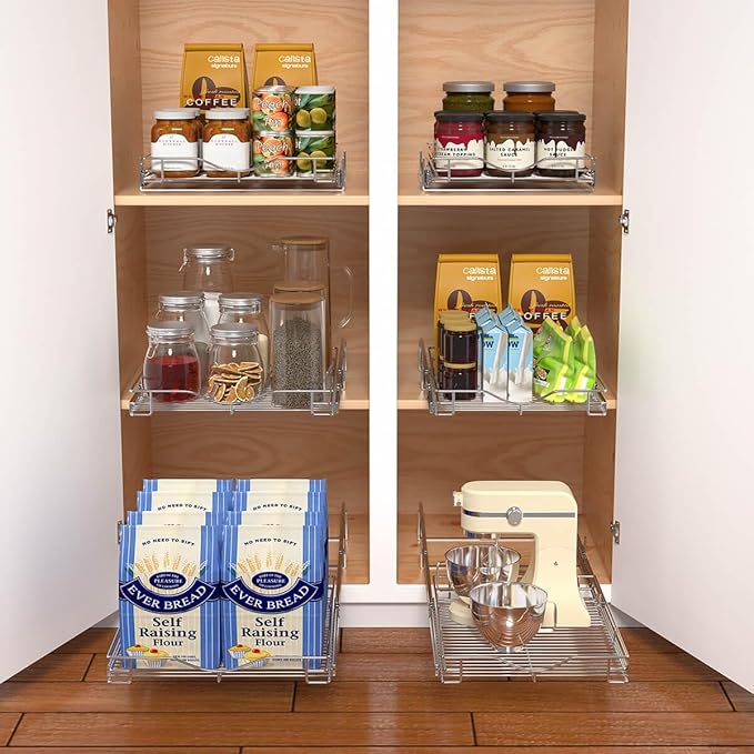 DINDON Pull Out Cabinet Organizer (14" W x 21" D), Pull Out Drawers for Kitchen Cabinets, Cabinet Pull Out Organizer 1 Tier Heavy-Duty Slide Out Shelf Wire Basket for Base Cabinet, Chrome