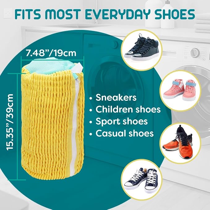 ZENO Shoe Washing Machine Bag - 2pcs - Laundry Shoe Bag for Washer and Dryer - 2pc Reusable ZENO Sneaker Cleaning Sack for All type of Tennis - Reinforced Zipper, 360° Deep Cleaning (Yellow)